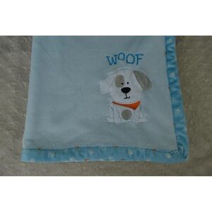 Bon Bebe Puppy Dog Woof Baby Blanket Blue White Orange Paw Prints Trim Lovey